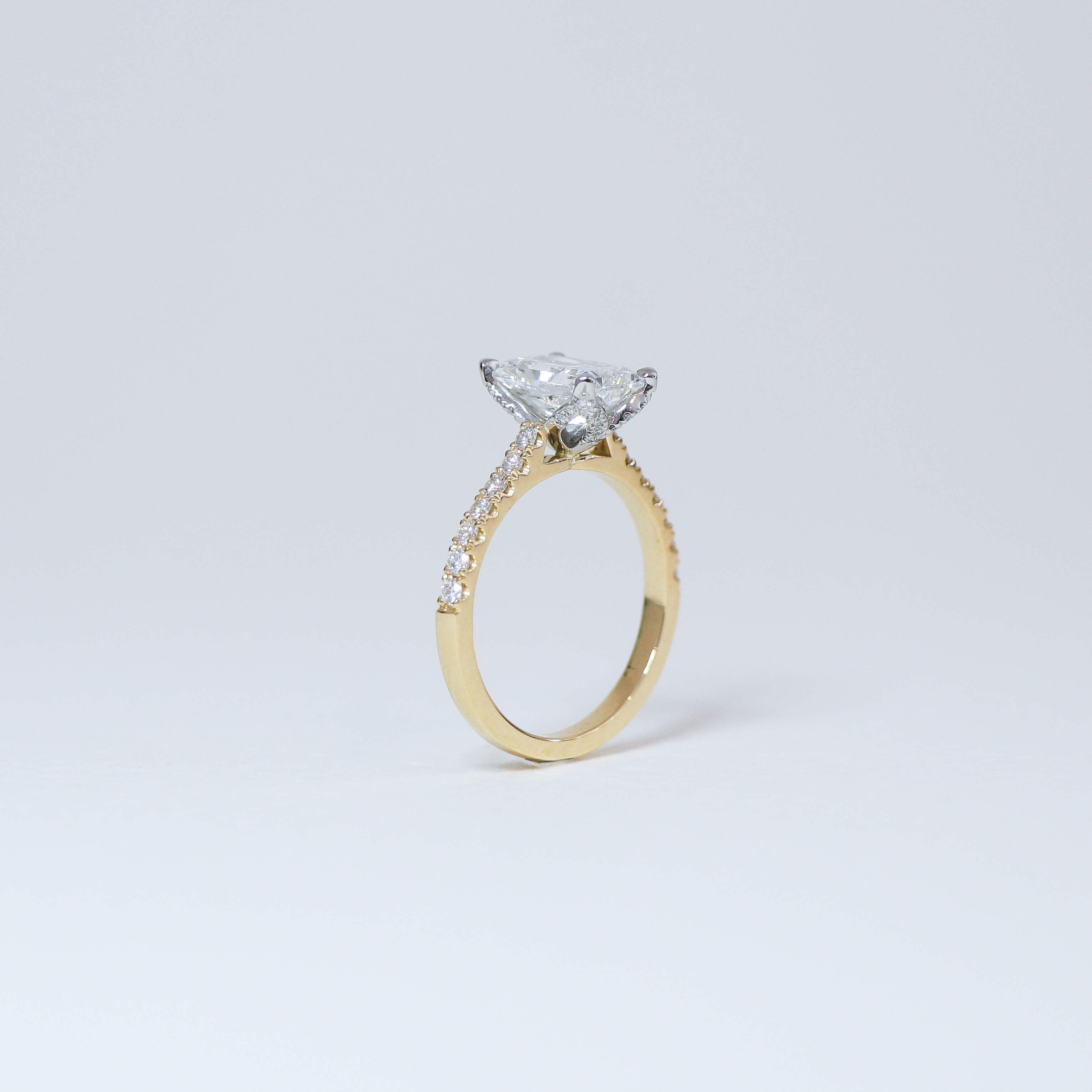 Radiant cut diamond fleur ring with diamond set band.