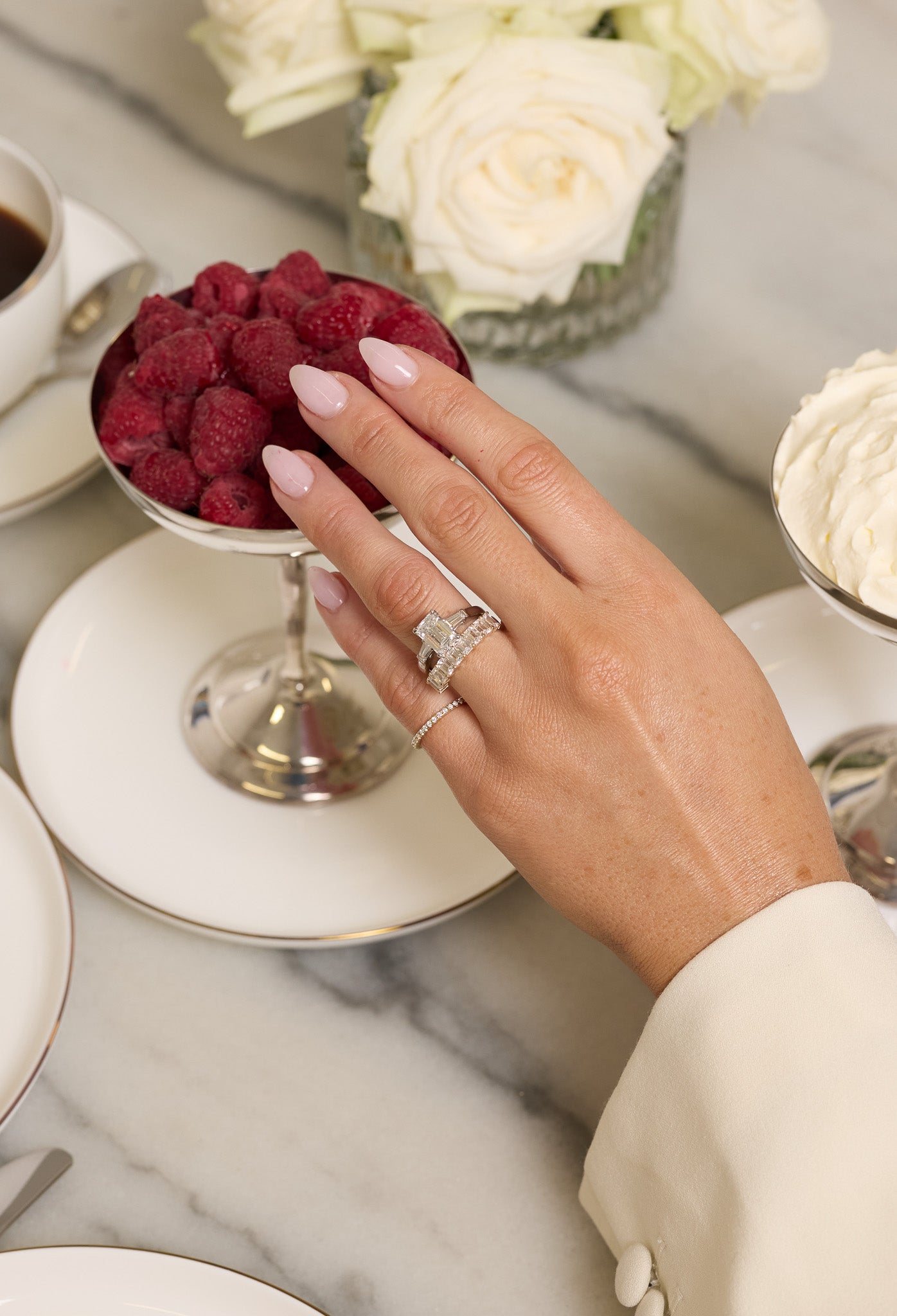 custom diamond rings at dinner party