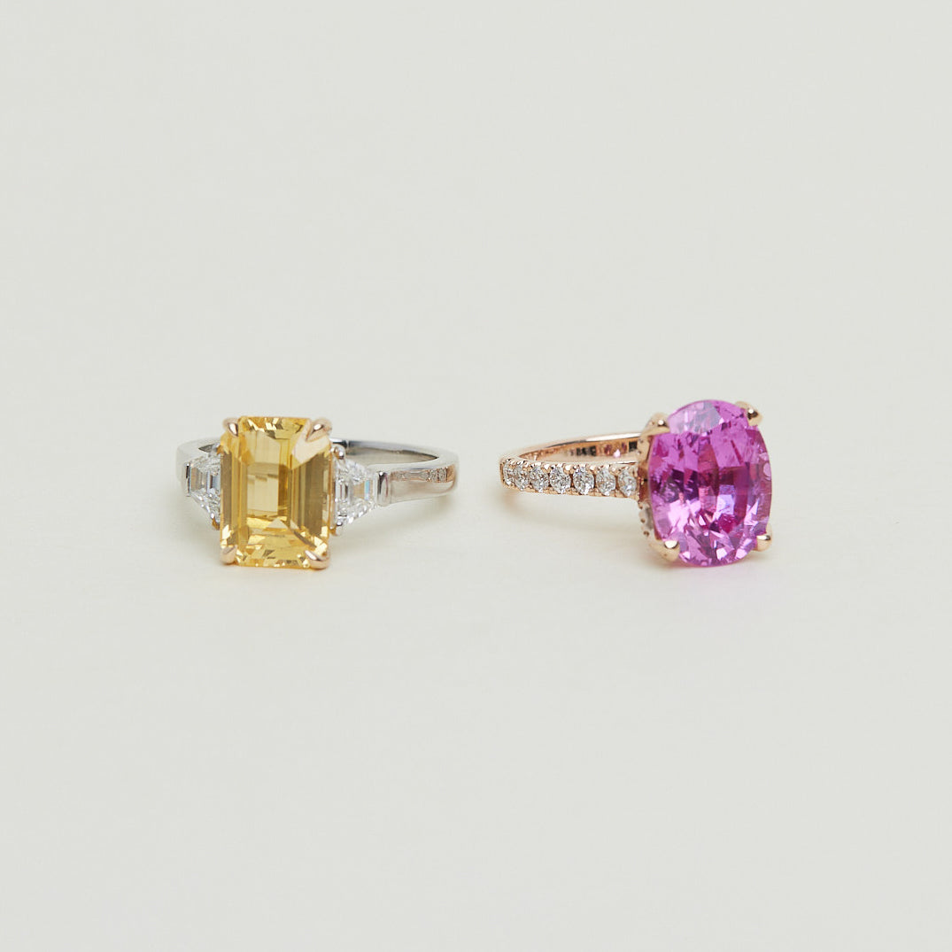 pink and yellow sapphire rings commissioned by client