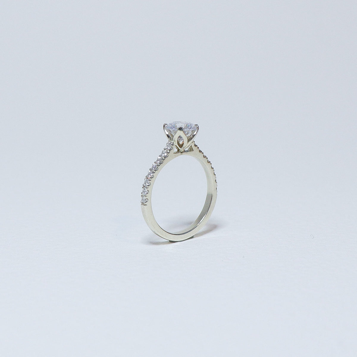 Round brilliant plain fleur solitaire ring with platinum diamond set band.